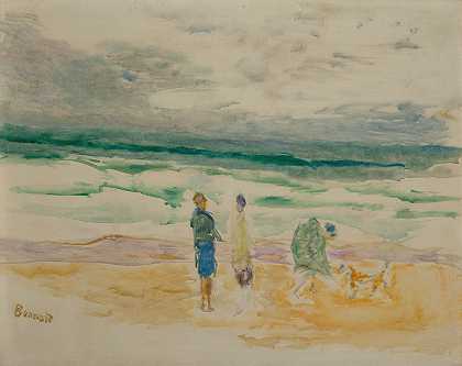 “海滩。皮埃尔·邦纳德的三个角色和一条狗