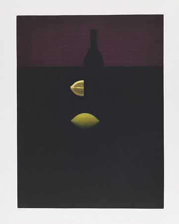 装有柠檬和红墙的瓶子，1981年。-滨口洋三