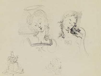 研究-两个处女头（研究：处女，莱达和天鹅），1952年。-萨尔瓦多·达利