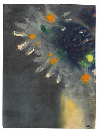 1935年，白色和蓝色花朵的花卉静物。-埃米尔·诺德