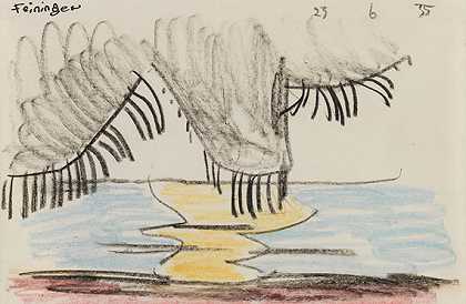 1935年，海面上乌云密布，黑雨和金色的日落线。-利奥尼·费宁格