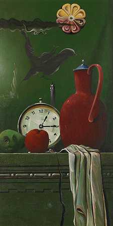红色水壶和闹钟的静物，1949年。-弗朗茨·拉齐维尔