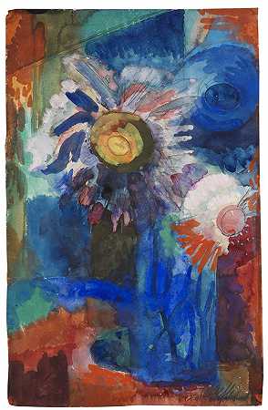 蓝色花瓶里的花，1920年。-弗里茨·谢夫勒