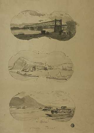 亚历山大·蒂奥莱（Alexandre Thiollet）的《两个港口，一个河与桥》（Two View of Ports，one View of River with Bridge）