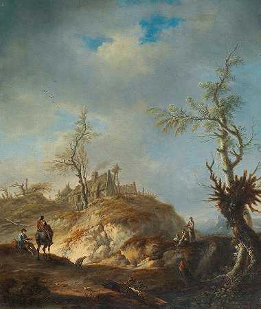约翰·亚历山大·蒂勒的《山丘风景与旅行者》