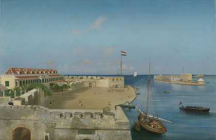 Prosper Crébassol的《Willemstad港口入口与Gouvernementspaleis》