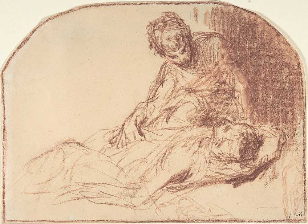 让-弗朗索瓦·米勒的《一个年轻人坐在躺着的身影上，弯腰》