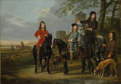 “科内利斯（1639–1680）和米歇尔·庞佩·范·米尔德沃特（1638–1653）与导师和教练的马术肖像”