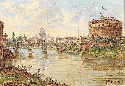 安东尼塔·布兰代斯（Antonietta Brandeis）的《罗马全景，背景为圣天使城堡、圣天使桥和圣彼得大教堂》