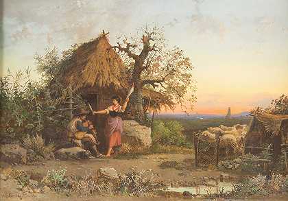 Hermann David Salomon Corrodi的《音乐制作牧羊人，背景中的罗马》