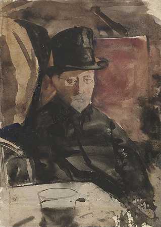 Gerrit Willem Dijsselhof的《咖啡馆里戴着高帽子的坐着男人》