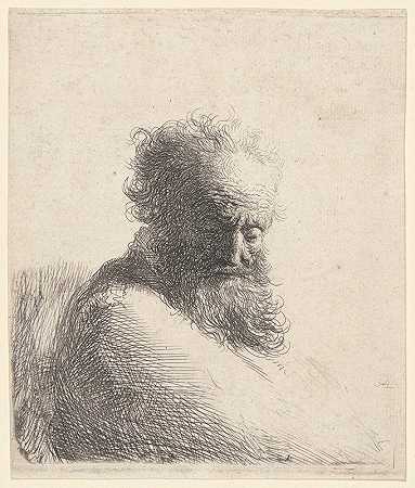 伦勃朗·范·里恩的《一个胡子老头的半身像，低头看》