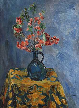 蓝色花瓶中的花束，1925年。-他的Purrman