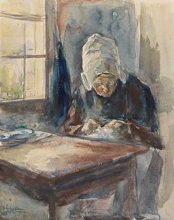 手工荷兰女人，1894年。-马克斯·利伯曼
