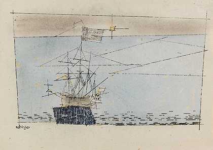 船，蓝色的大海，粉红色的天空，1946年。-利奥尼·费宁格