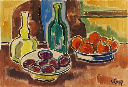 1953年，水果碗和水果瓶的静物。-卡尔·施密特·罗特卢夫