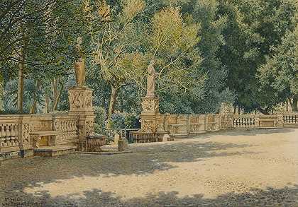 约瑟夫·西奥多·汉森《罗马博尔盖塞别墅花园中的露台》