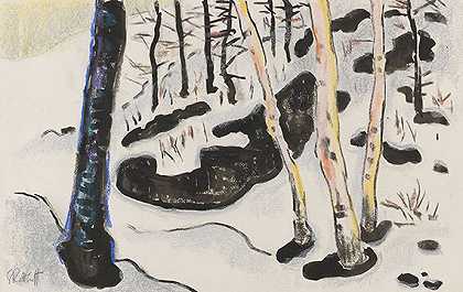 1940年初，雪中的桦树树干。-卡尔·施密特·罗特卢夫