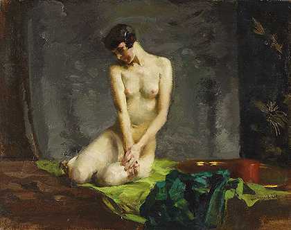 畏缩（绿色布上的裸体），约1920年。-鲁道夫·尼塞尔先生