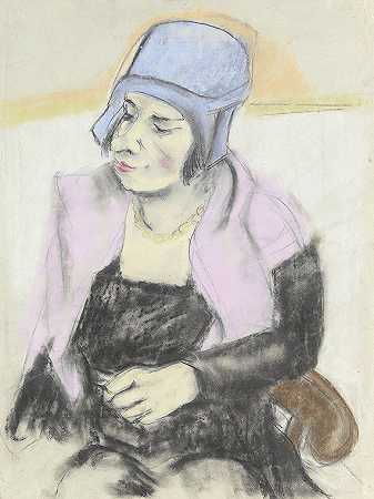 1920/1925年左右，戴着蓝帽子的坐着的女士。-乔治·塔珀特