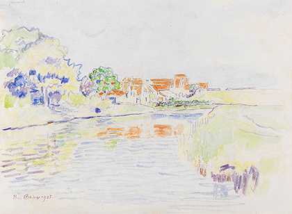 1905年，一个红屋顶村庄前树林和草地之间的运河。-保罗·鲍姆