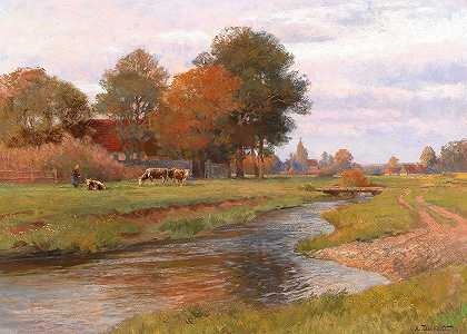雨果·达诺特（Hugo Darnaut）的《小牛群和村庄的河流风景》