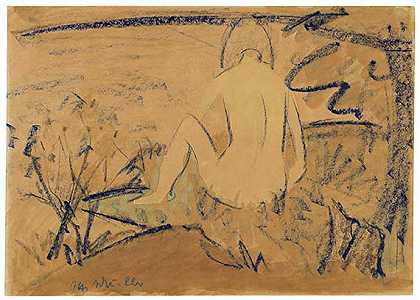 1925年，裸体坐在岸边（坐在池塘边。-湖边）。-奥托·缪勒