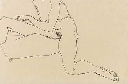 1913年，胳膊和腿伸开的坐着的女孩。-埃贡·席勒
