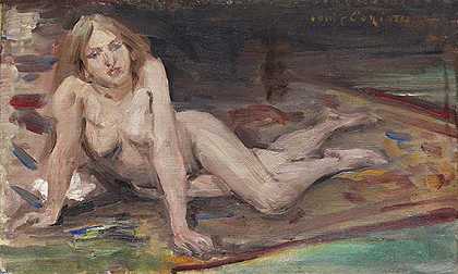 躺在彩色地毯上裸体的金发女郎，1912年左右。-科林特