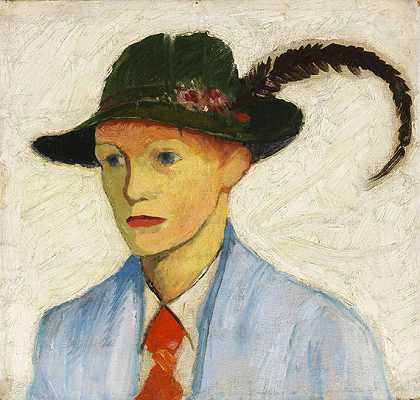戴羽毛帽的男孩，1910年。-奥古斯特·麦克