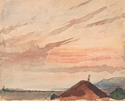 阿尔伯特·安克（Albert Anker）在黄昏时分从诺伊沙泰尔湖东北端的屋顶俯瞰