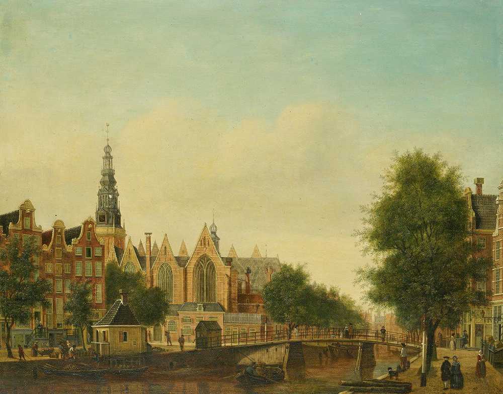约翰内斯·惠伯特·普林斯（Johannes Huibert Prins）从《奥德齐兹·沃博格瓦尔》（Oudezijds Voorburgwal）中看到的奥德·科克（Oude Kerk）