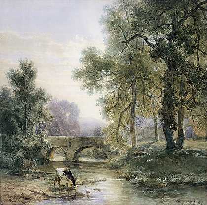 威廉·罗洛夫斯（Willem Roelofs）的“树木丰富的风景，河流上的石桥”