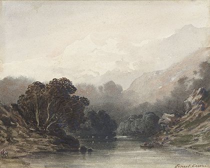 欧内斯特·西塞里（Ernest Cicéri）的《深色森林阴影下的山湖》（Mountain lake）