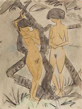 两个女孩表演（两个站着的女孩在树下表演，两个女孩站在树干旁边），大约1923年。-奥托·缪勒