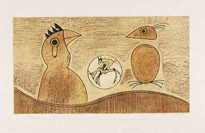 两只鸟（赭石），1975年。-恩斯特