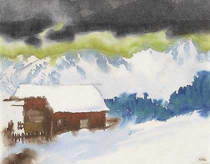 带高山小屋的雪山景观，1930年。-埃米尔·诺德