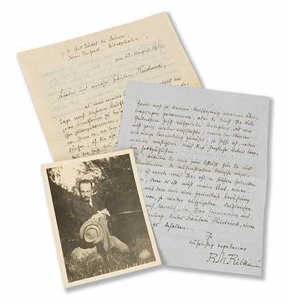 2封手写信和1张肖像照片卡，1917年。-赖内·马利亚·里尔克