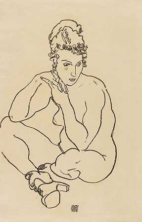 女性裸体坐着，双臂支撑在膝盖上，双腿交叉，1918年。-埃贡·席勒