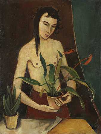 带植物的女人，1922年。-卡尔·霍弗尔