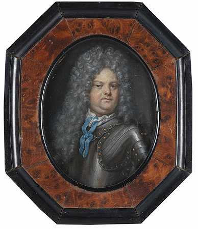 1730年，戴着假发和胸甲的绅士肖像。-很小的