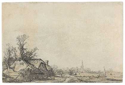 运河上的小屋。1645年阿姆斯特丹附近的迪门景色。-哈门什。伦勃兰特·范·里恩