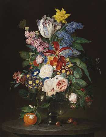 华丽的昆虫花卉静物，1830年。-西奥多·马滕海默