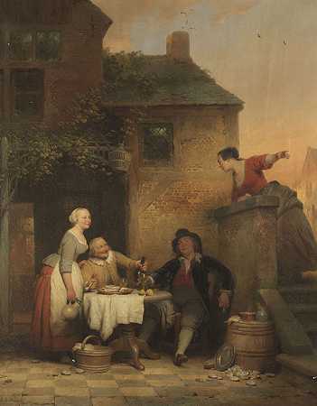 酒馆前的吃牡蛎者，1842年。-费迪南德·德·布雷克尔