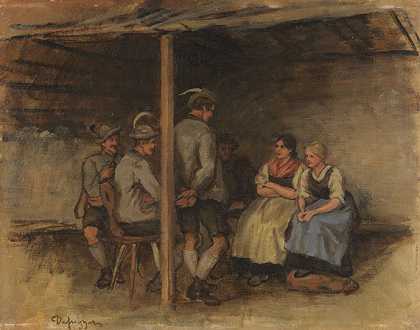1900年，在客厅里与四个男孩和两个迪兰德一起学习油画。-弗朗茨·冯·德弗雷格