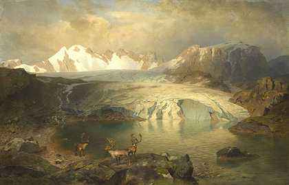 峡湾景观与冰川和驯鹿，1896年。-August Wilhelm Leu先生