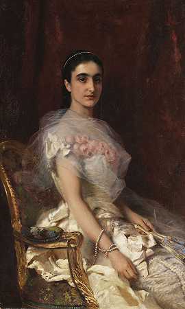 1883年，一位带着扇子的优雅女士的肖像。-康斯坦丁·埃戈罗维奇·马可夫斯基