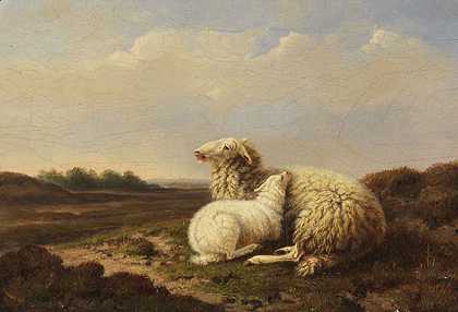 周长，1867年，在广阔的荒野上，母羊和羊羔。-尤金·约瑟夫·韦博克霍温