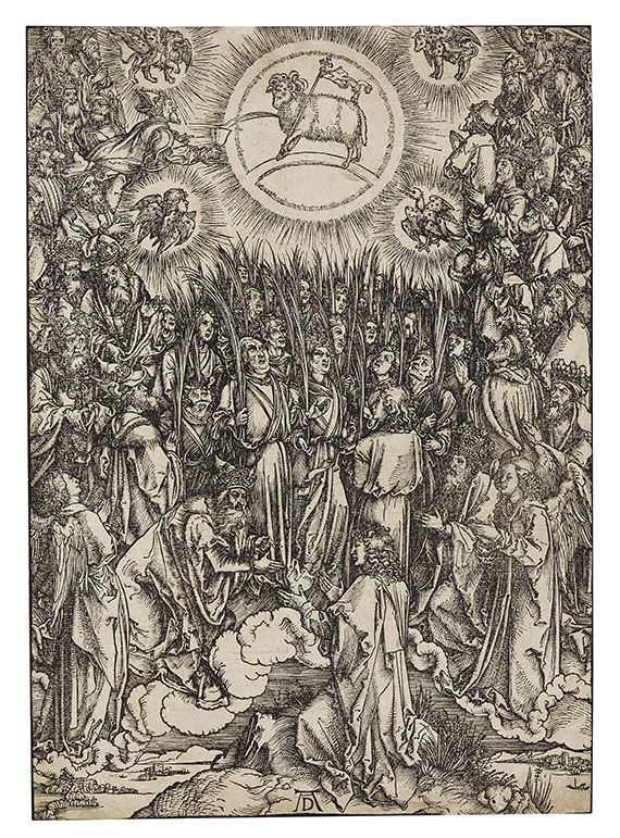 Apokalypse, 12. Figur: Lobgesang der Auserwählten im Himmel/Anbetung des Lammes, 1496.