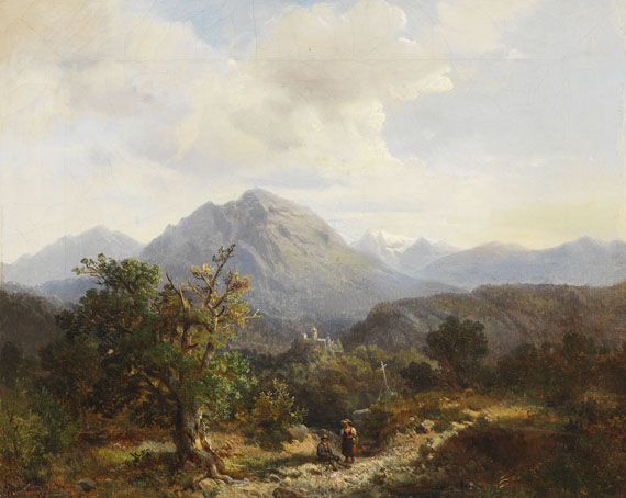Berglandschaft mit Burg und Personen, 1857.